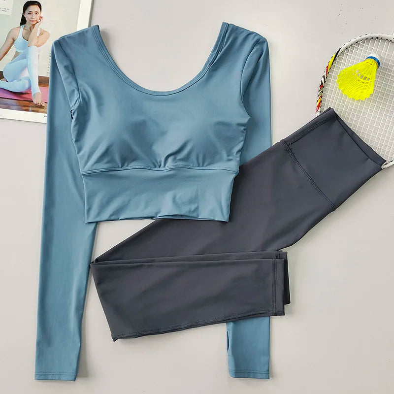 2pcs Women Yoga Set Sport Suit Gymwear Workout Clothes Long Sleeve Gym Crop Top High Waist Leggings Fitness Sports Set Yoga Wear Aviola
