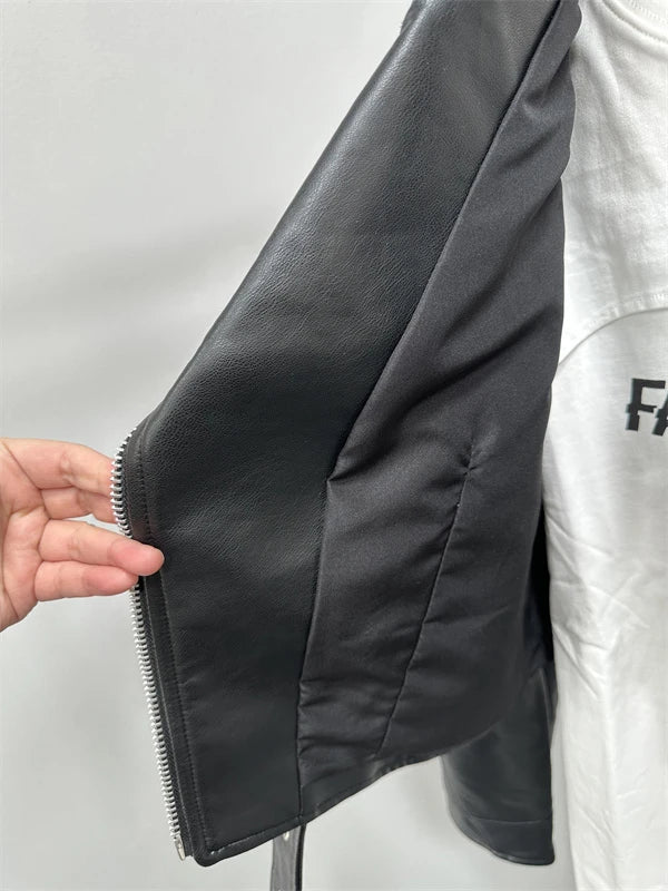 2024 RARF Women's washed leather jacket with belt, short coat with downgraded zipper and vintage lapel, e jacket Aviola