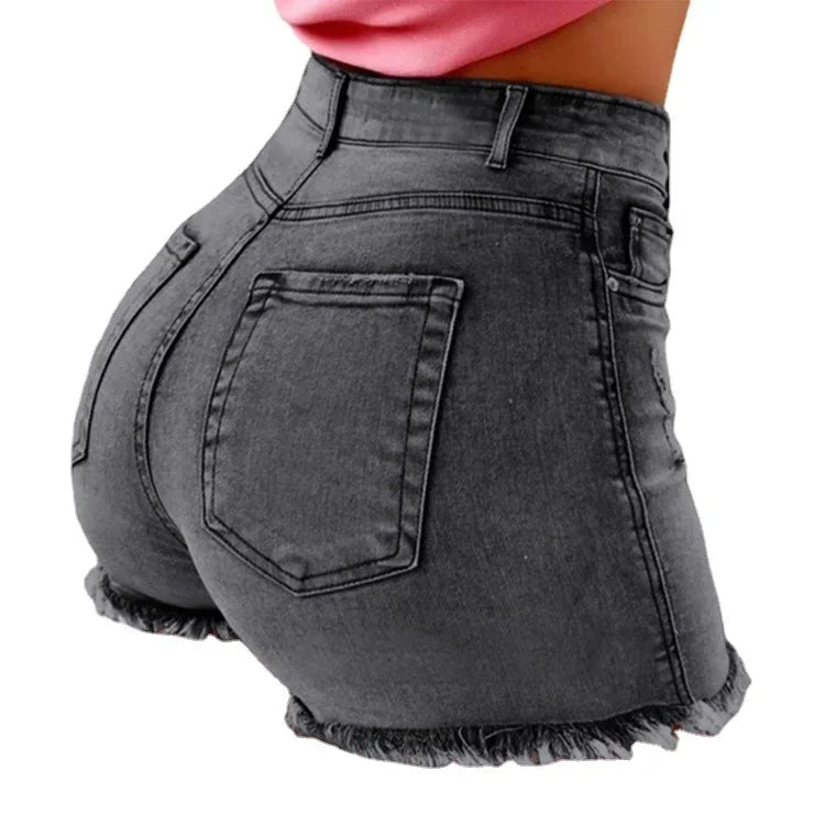 Shorts Denim Women Holes Jeans Mom Skinny High Waist Pockets Zipper Fly Blue Tassel Slight Strech Streetwear 2025 Sexy Bodycon Aviola