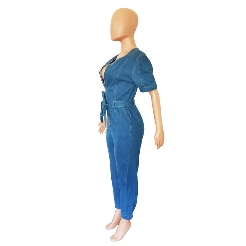 Sexy Denim Jumpsuit for Women Lace-up Pencil Pant Jeans Short Sleeve Sashes Long Rompers Playsuits One Piece Overalls Outfits Aviola