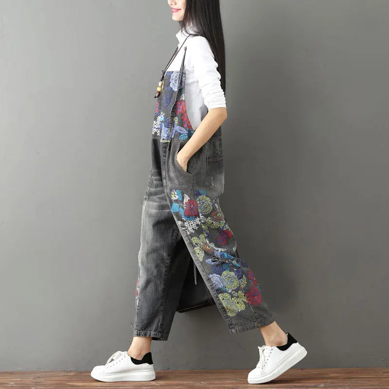 Overalls Women Suspenders Sling Jumpsuits Denim One Piece Wide Leg Long Pants High Waist Rompers Y2k Streetwear Print Floral Aviola