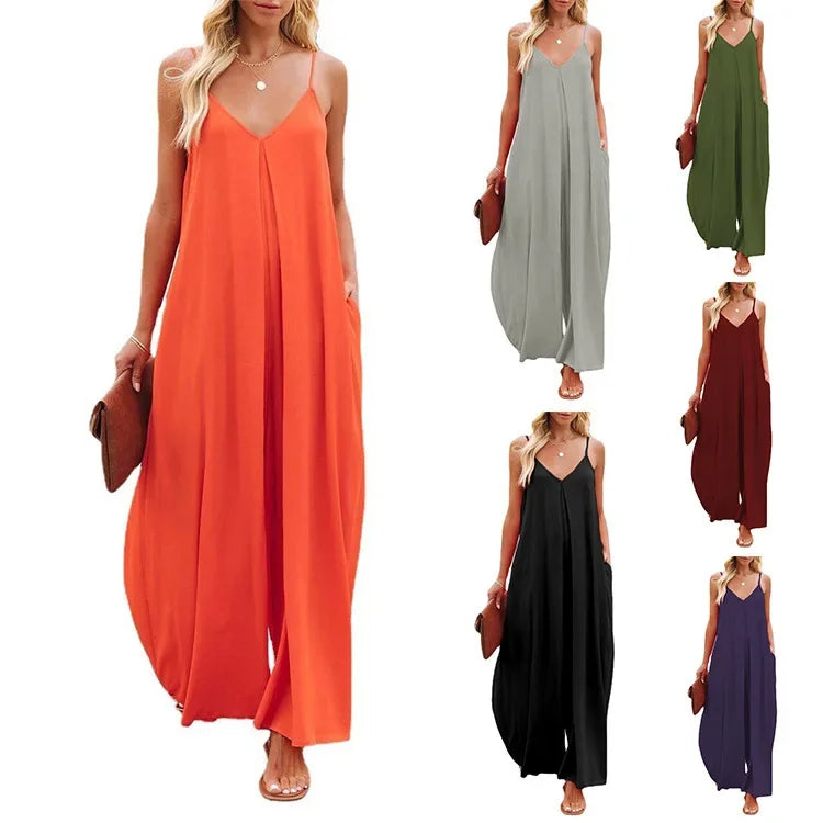 Women Jumpsuits V Neck One Piece Ankle Length Wide Leg Pants Rompers Backless Overalls Solid Pockets Loose Casual Mid Waist Aviola