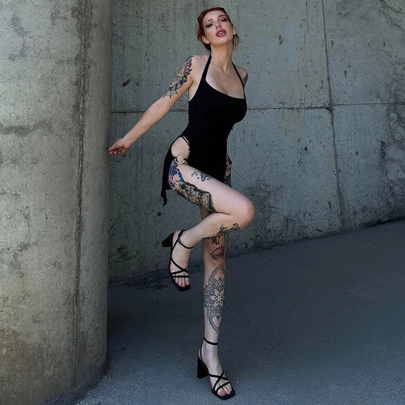 Y2K summer new solid color backless hollow hanging neck sexy spicy girl tight fitting dress Aviola
