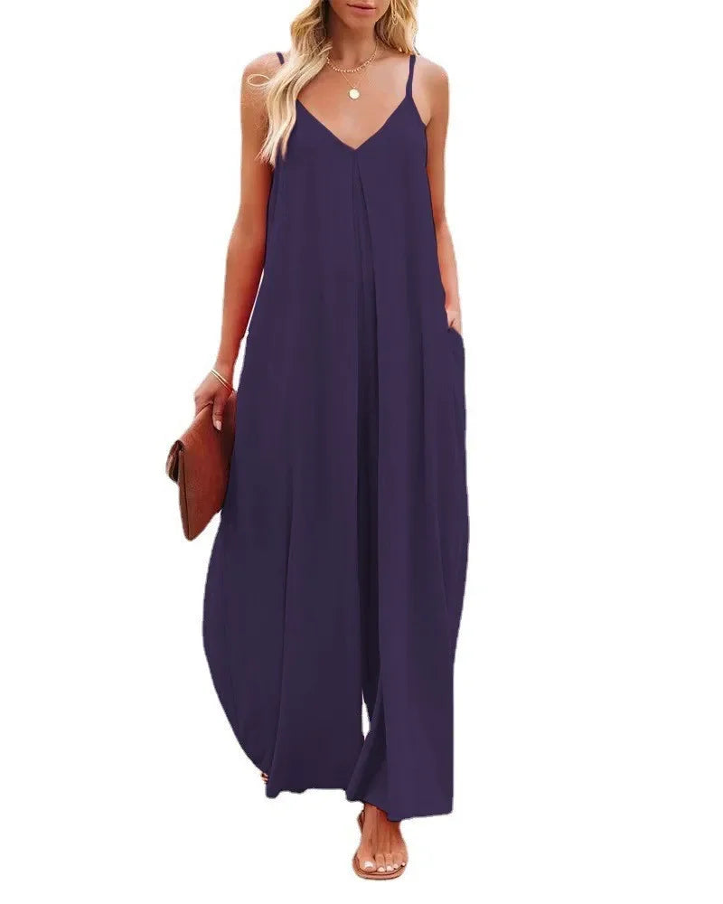 Women Jumpsuits V Neck One Piece Ankle Length Wide Leg Pants Rompers Backless Overalls Solid Pockets Loose Casual Mid Waist Aviola