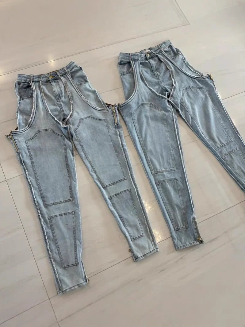 Mom Jeans Straight Pants Women Hollow Out Zipper High Strecth Pockets Irregular Denim Vintage Y2k 2025 Trousers Streetwear Aviola