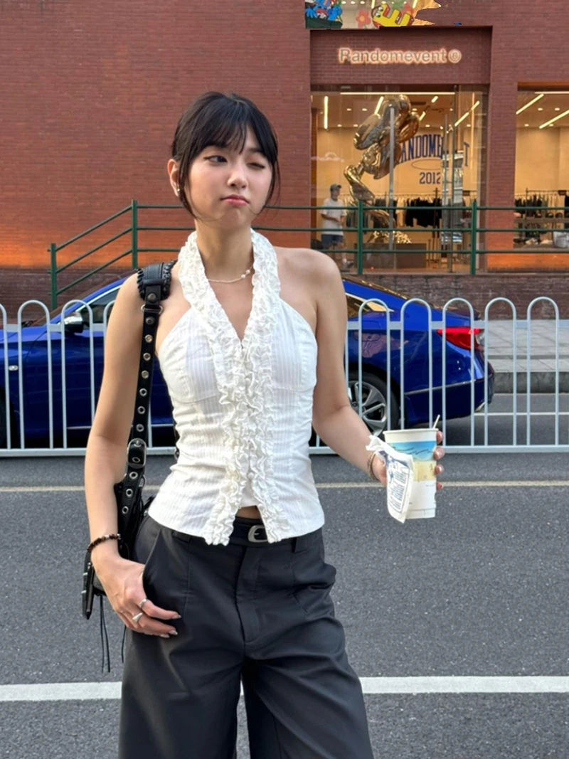 MEXZT Y2K Cropped White Shirts Women Aesthetic Sexy Halter Ruffles Blouses Summer Korean Fashion Off Shoulder Slim Design Tops Aviola