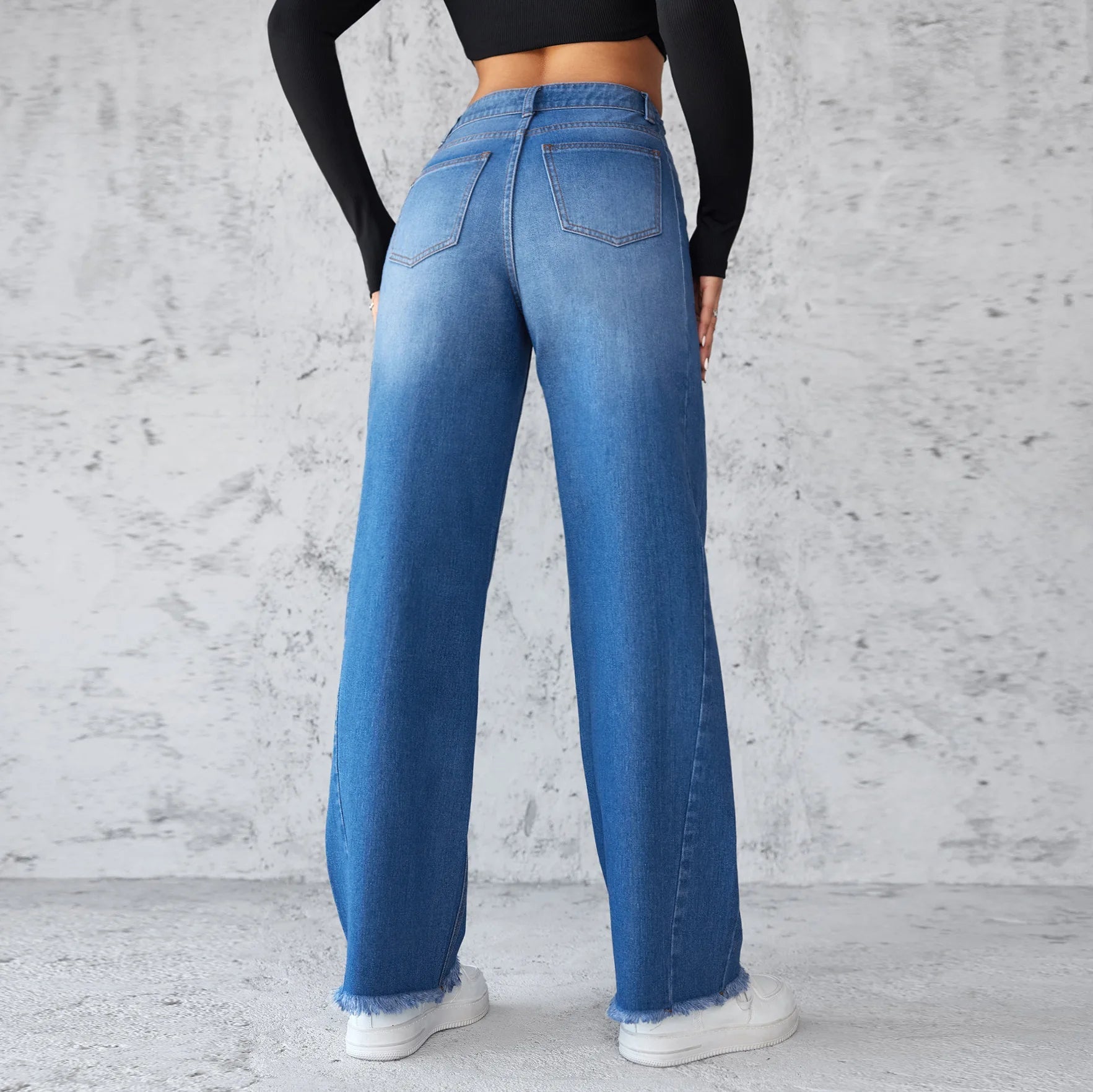 Washed Distressed Denim Straight Pants Vintage Women Jean Pockets High Waist Loose Fit Ankle Length Wide Leg Pants Basics Aviola