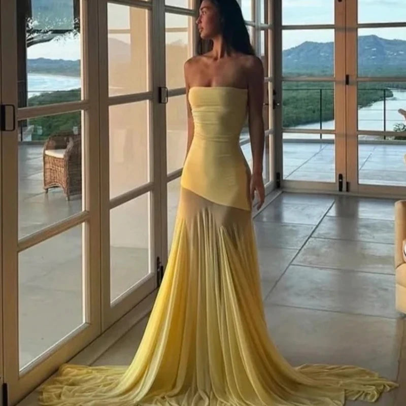 Nibber Patchwork Dress Women See Through Temperament Solid Pleated Strapless Sleeveless Backless Slim Banquet Party Vestidos Aviola