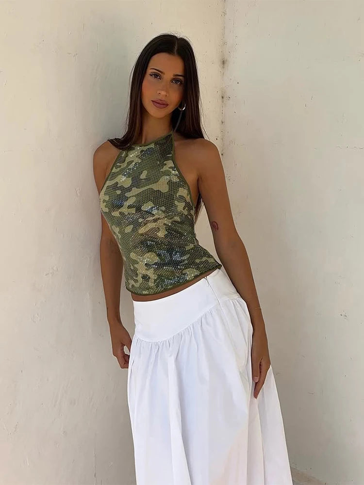 Nibber Camouflage Print Sequins Camisole Women Halter Lace-Up Backless Sleeveless Sexy Street Midnight Daily Summer Trend Tops Aviola
