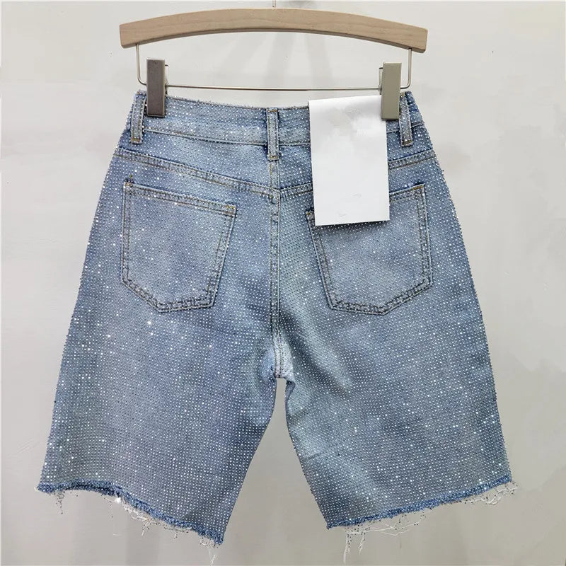 Denim Shorts Women Short Pants Diamonds High Waist Distressed Washed Y2k Punk Knee Length Streetwear Summer 2025 Straight Jeans Aviola