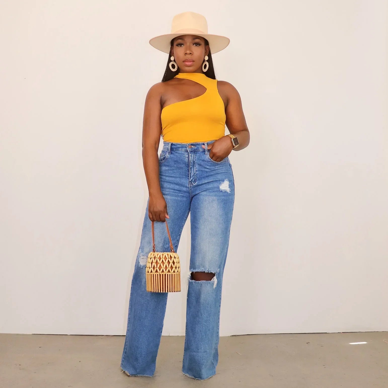 Women Jeans Ankle Length Holes Loose Flat Straight Mom Pants Zipper Fly Pockets Solid Color High Street Slight Strech Denim Aviola