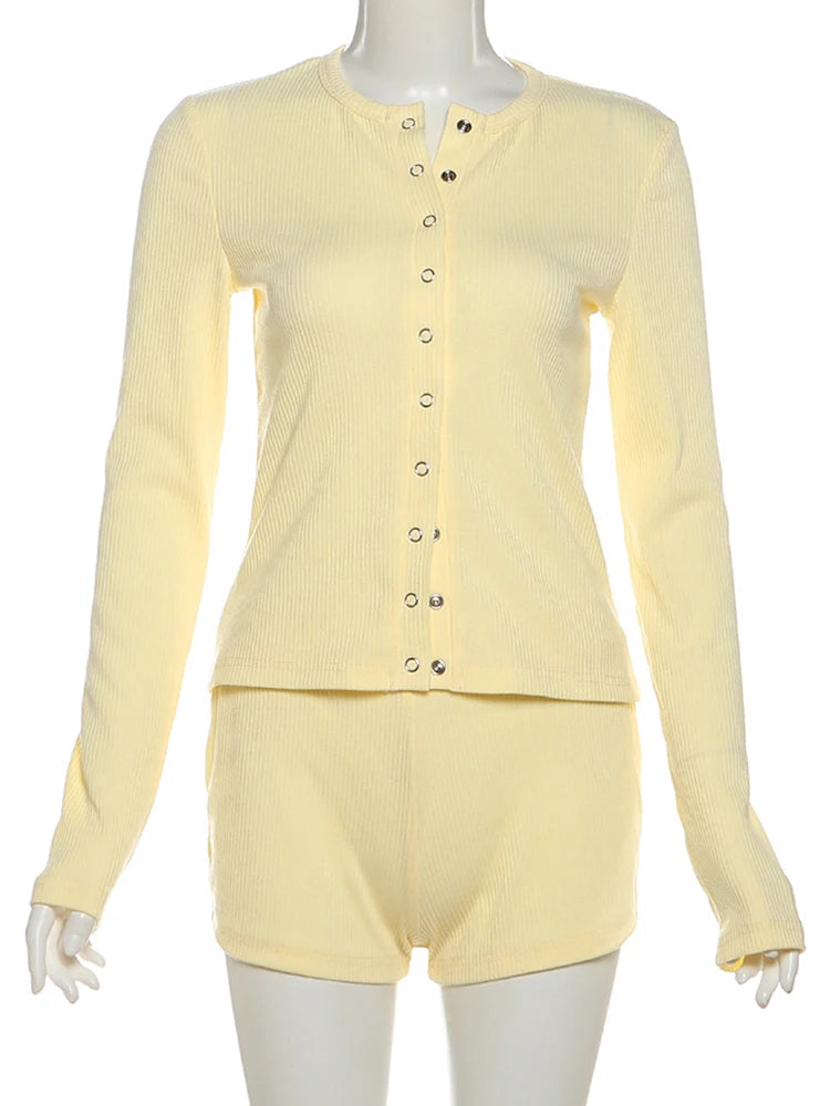 Nibber Stretch 2-Piece Set Women Single-Breasted Long Sleeves o-Neck Blouse+Basis Shorts Leisure Simple Classic Street Suits Aviola
