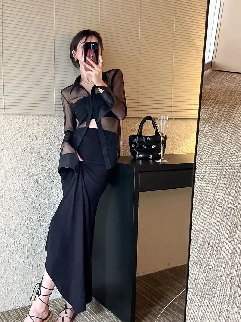 MEXZT Y2K Mesh Sheer Shirts Women Sexy Black See Through Blouses Summer Korean Fashion Aesthetic Long Sleeve Slim Chic Tops New Aviola