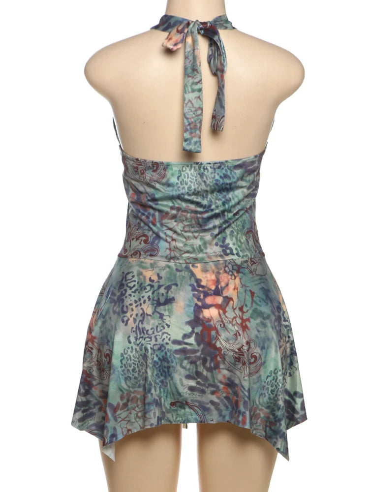 Nibber Vacation Fashion Print Mini Dress Women Halter Deep V-Neck Sexy Backless Ruched Ruffles Hem Trend Beach Party Outfits Aviola