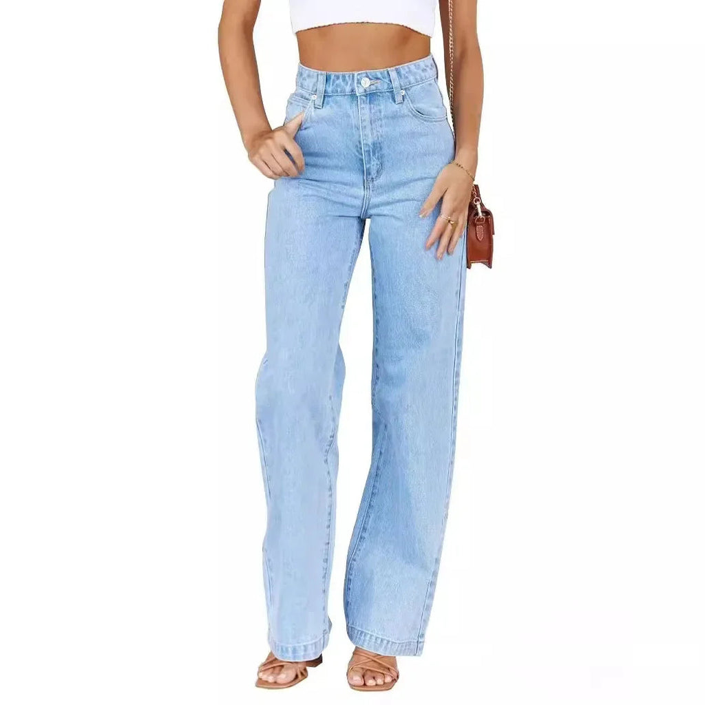 Women Jeans Straight Pants Denim Washing High Waist Loose Fit Pockets Button Basics Wide Leg Trousers Solid Color 2024 Casual Aviola