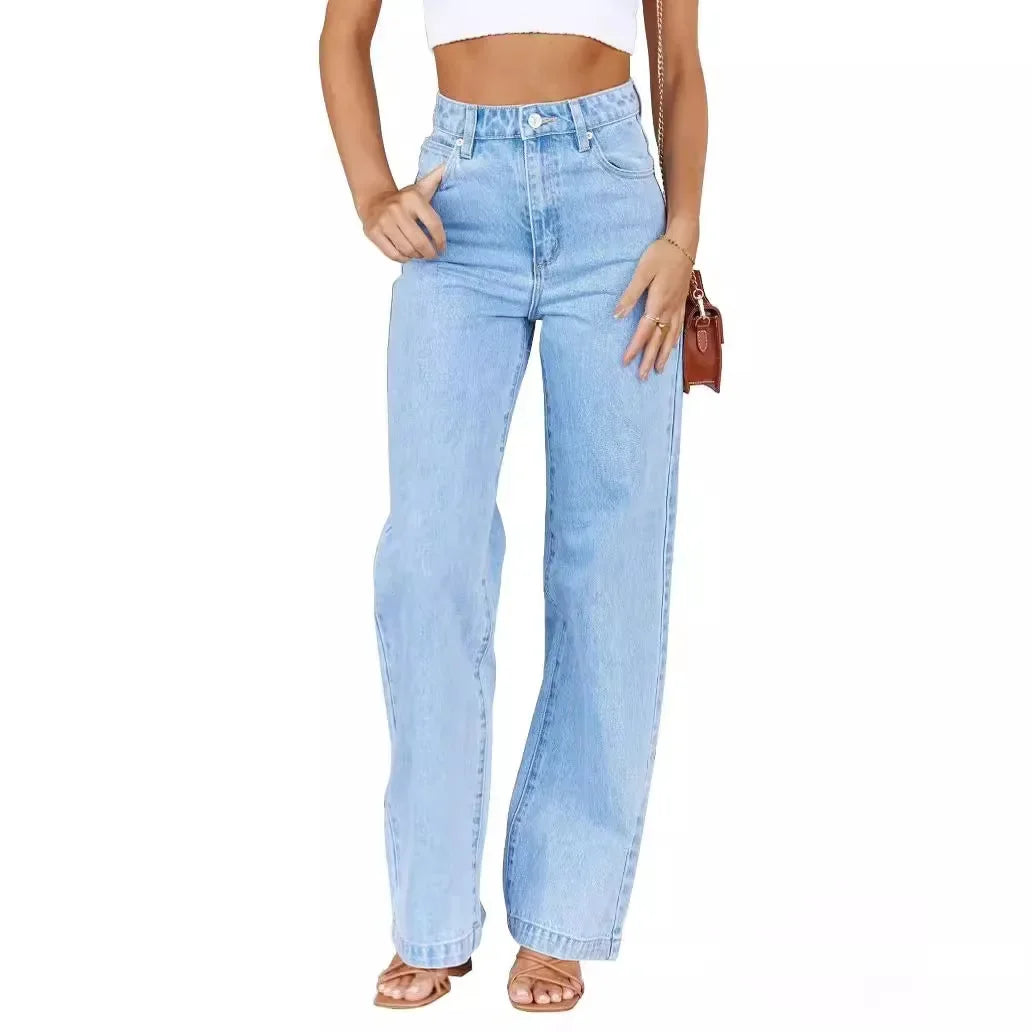Women Jeans Straight Pants Denim Washing High Waist Loose Fit Pockets Button Basics Wide Leg Trousers Solid Color 2024 Casual Aviola