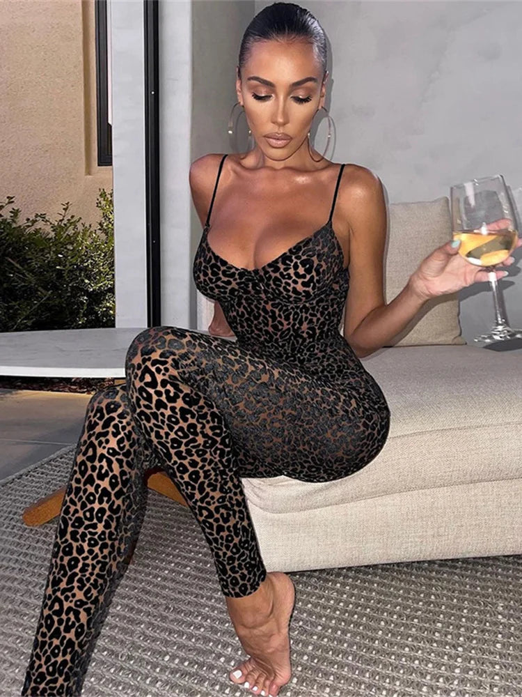 Nibber Leopard Print Sexy Skinny Women Jumpsuit Sleeveless Backless Fit Workout Thin Activewear Party Nightclub Stretch Outfits Aviola