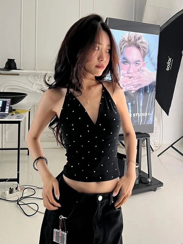 Nibber Polka Dot Print Tops Women v-Neck Halter Lace-Up Backless Sleeveless Skinny Sexy Daily Street Summer Versatile Outfits Aviola