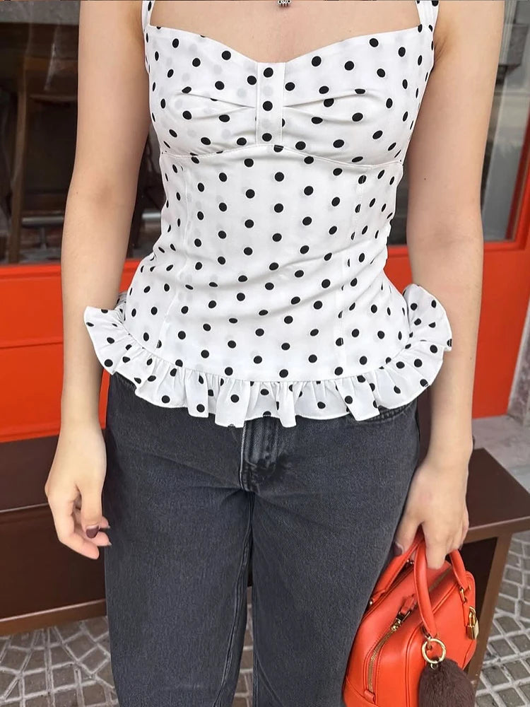 Nibber Polka Dot Print Tops Women Halter Low-Neck Bandage Ruffles Backless Sleeveless Skinny Fashion Street Versatile Vest Aviola