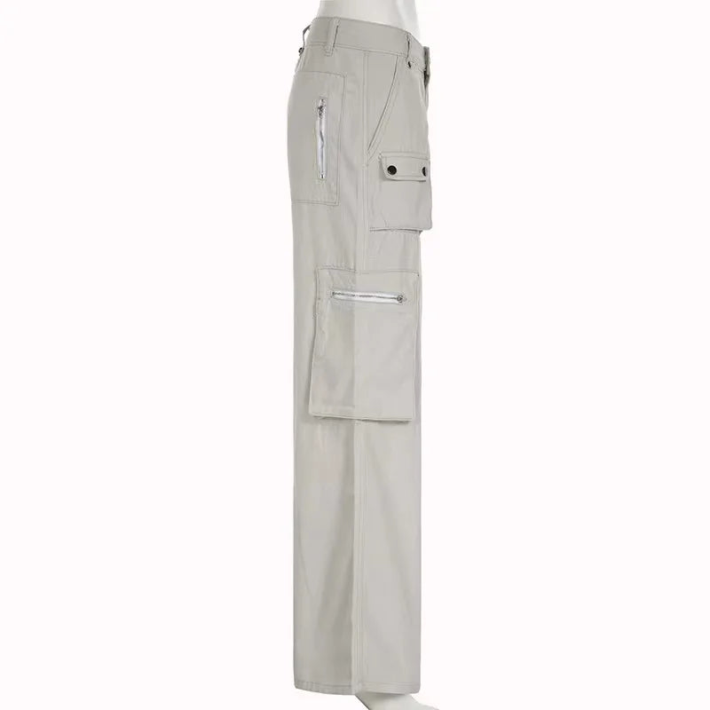 Cargo Pants Women Casual Jeans Utility Low Waist Trousers Pockets Zipper Straight Y2k Streetwear Loose 2025 Summer Party Club Aviola