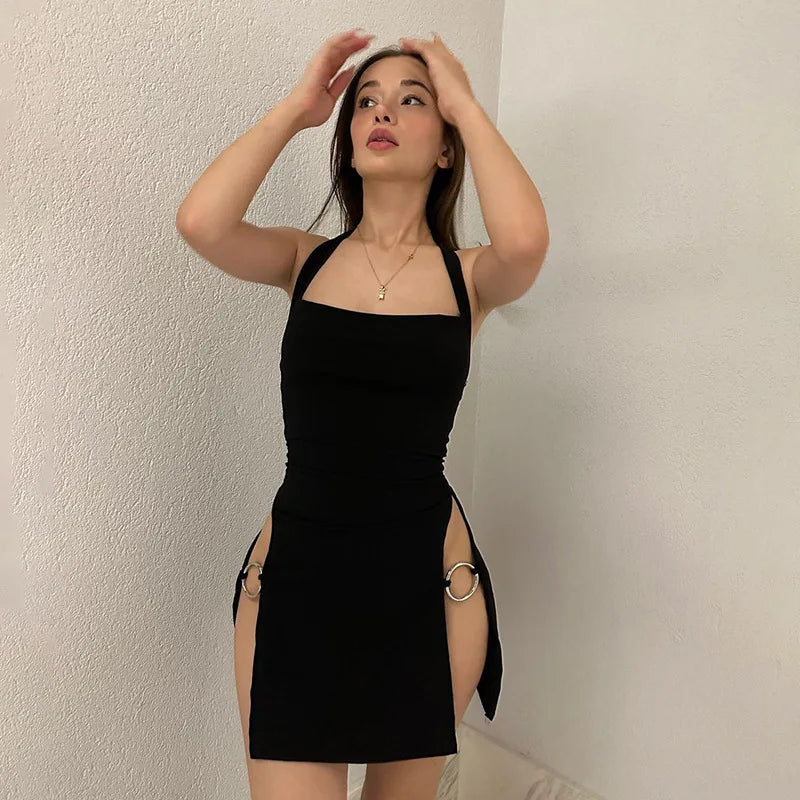 Y2K summer new solid color backless hollow hanging neck sexy spicy girl tight fitting dress Aviola
