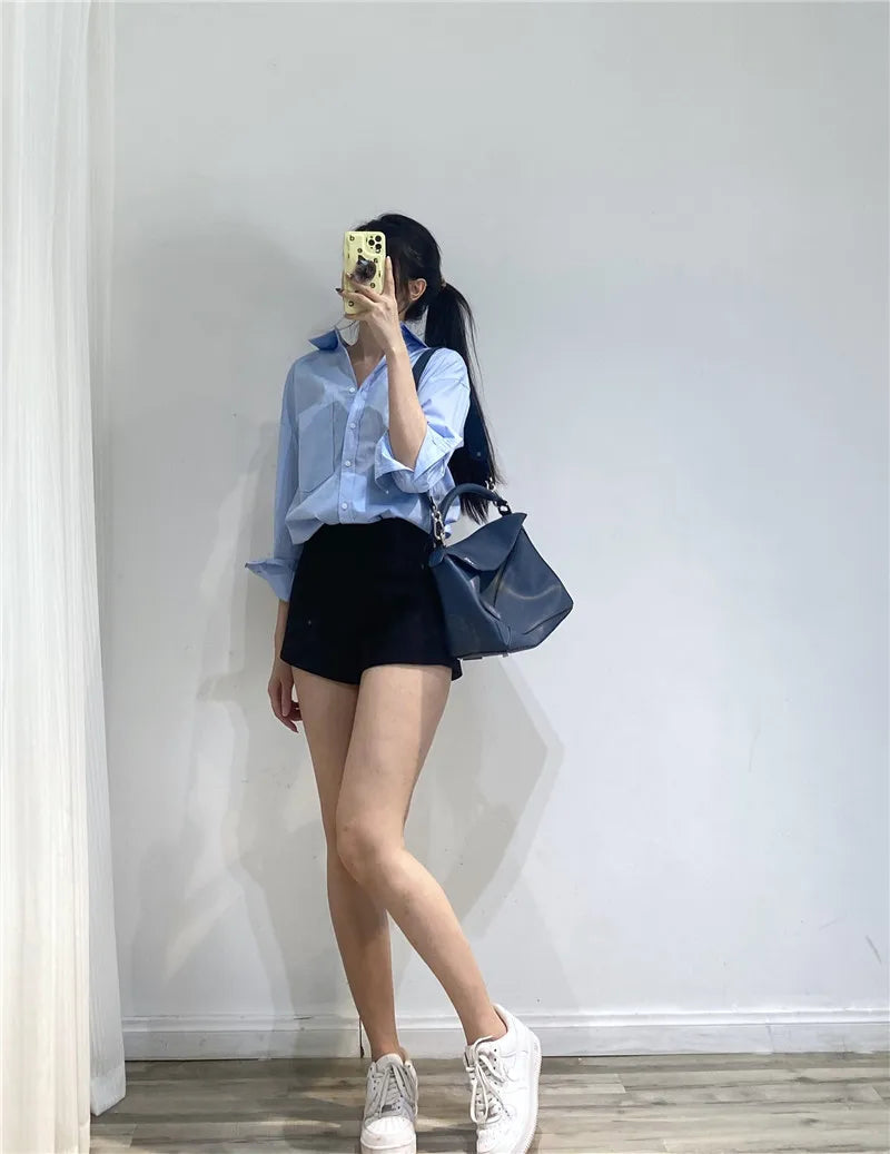 RARF Women Autumn Single Breasted Blouses Vintage Lapel Collar Long Sleeve Office Lady Female Shirt Chic Pocket Top Blusas Aviola