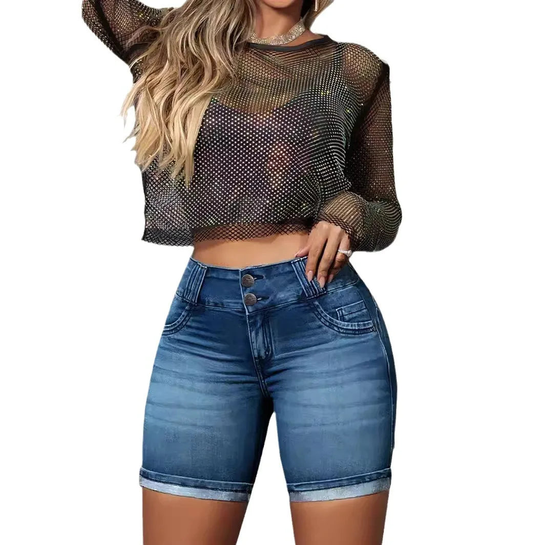 Women Jeans Sexy Sheath Shorts Washing Denim High Waist Slim Fit Zipper Fly Flat Spliced Summer Pockets Button Basics 2025 Aviola