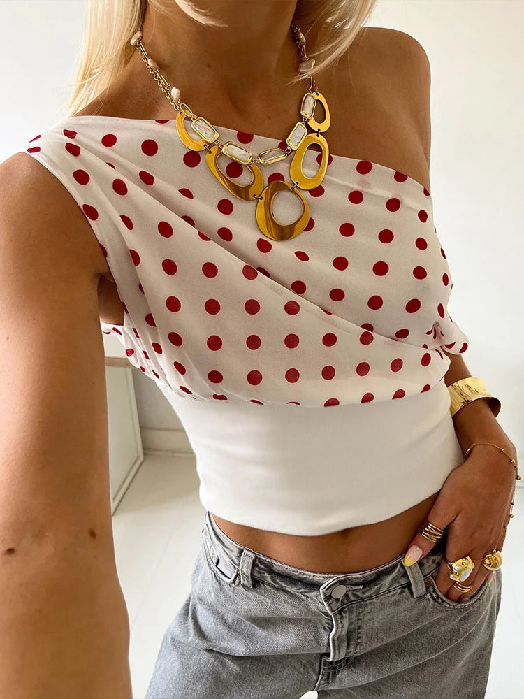 Nibber Daily Skew Collar Off Shoulder T-Shirt Women Polka Dots Print Summer Trend Backless Street Fashion Trend Ruched Crop Tops Aviola