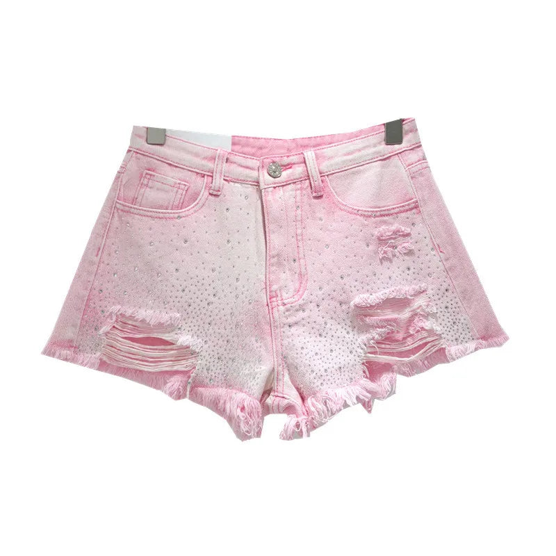 Shorts Denim Pant Women Jeans Short Pants Hot Drilling High Waist Straight Trousers Y2k Streetwear Splice Slim Fit Summer Party Aviola