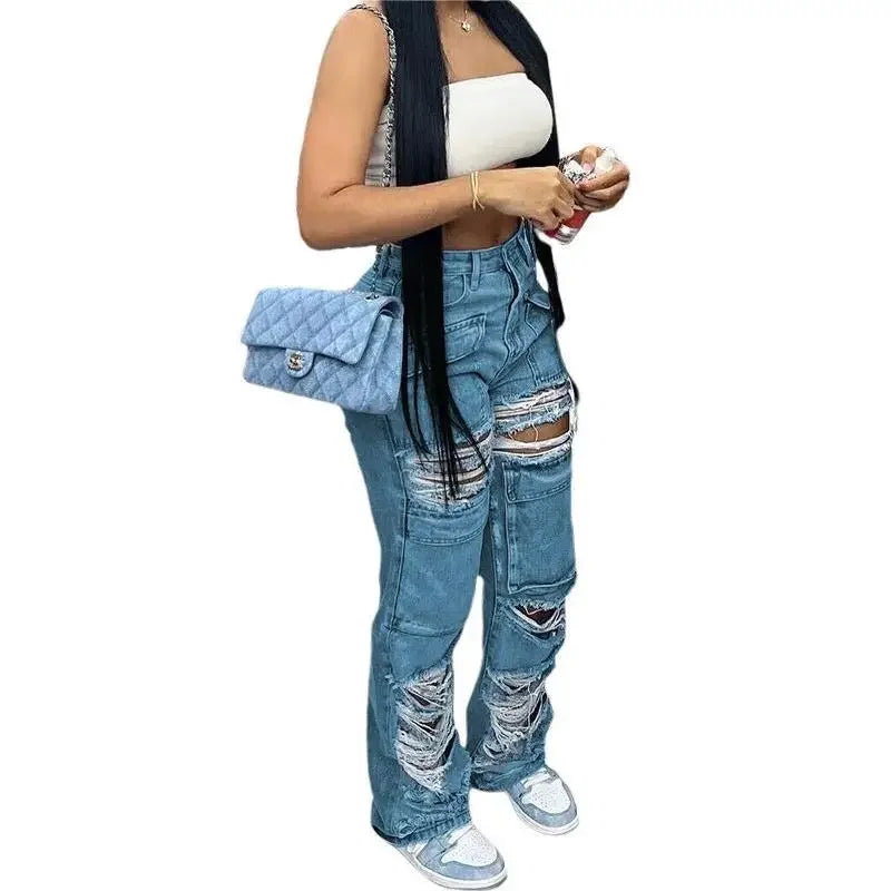 Women Jeans Denim Patchwork Straight Pants Holes Distressed Pockets Washing High Street Low Waist Zipper Fly Flat Winter Aviola