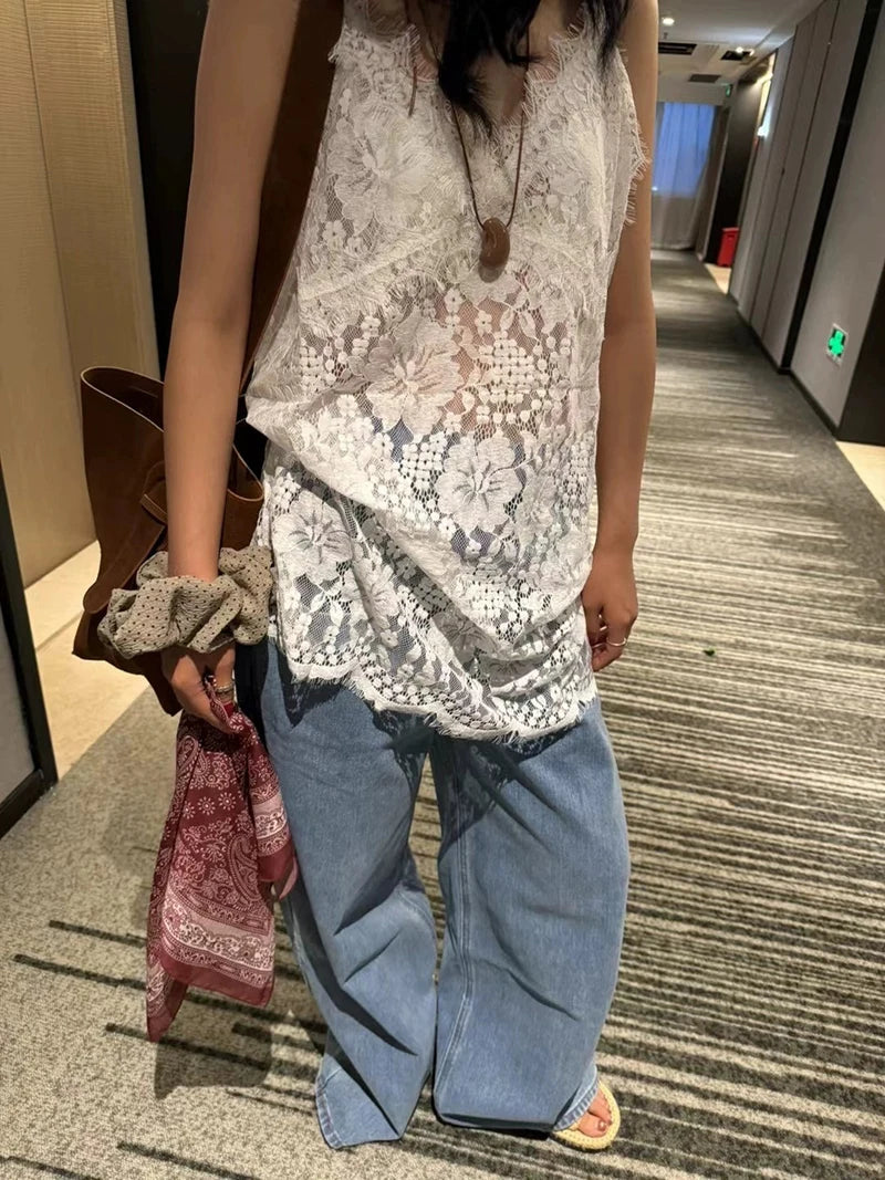 MEXZT Lace Sheer White Tank Top Women Y2K Sexy V Neck Black Camis Fashion Gyaru Streetwear Korean Hollow Out Design Casual Tees Aviola