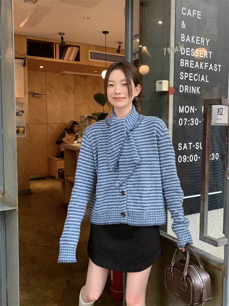MEXZT Vintage Striped Knitted Cardigan Women Elegant Scarf Sweater Outerwears Korean Long Sleeve Knitwears Winter Casual Jumpers Aviola