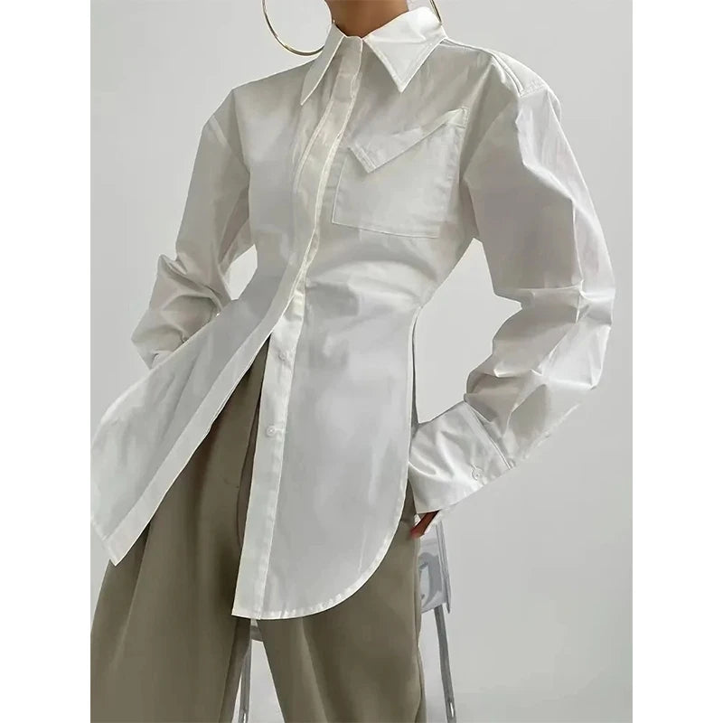 MEXZT Elegant White Shirts Women Fashion Streetwear Long Sleeve Blouses Korean Simple Pocket Button Up Ladies Design Tunic Tops Aviola