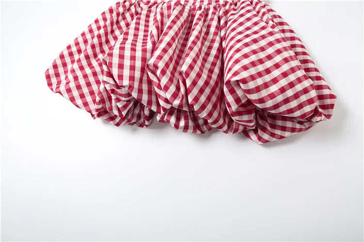 Nibber Red And White Checkered Print Chest Wrap Pleated Fluffy Hem Sleeveless Backless Vacation Versatile Beach Party Trend Tops Aviola