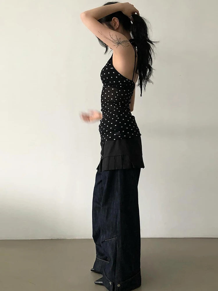 Nibber See Through Vests Women v-Neck Halter Bandage Backless Polka Dot Print Street Sexy Daily Skinny Fashion Hot Chick Tops Aviola