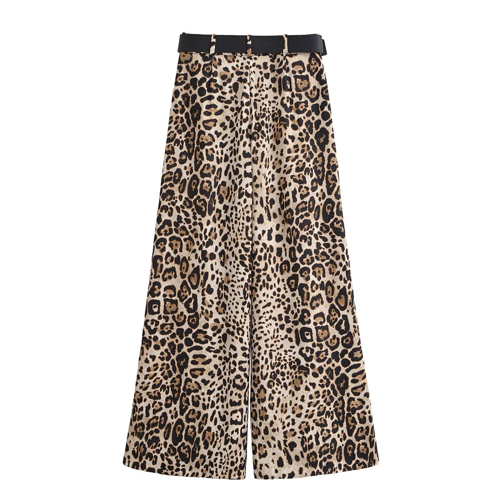 UNIZERA Leopard Satin with Belt High Waisted Trousers Wide Leg Pants Women's Clothing 2025 Summer New Arrivals Casual Pants Aviola