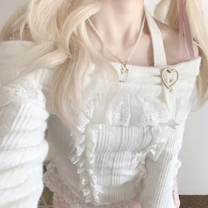 MEXZT Kawaii Pink Slash Neck Sweater Women Lolita Lace Patchwork Knitted Pullovers Y2K Cropped Halter Knitwear Aesthetic Jumpers Aviola