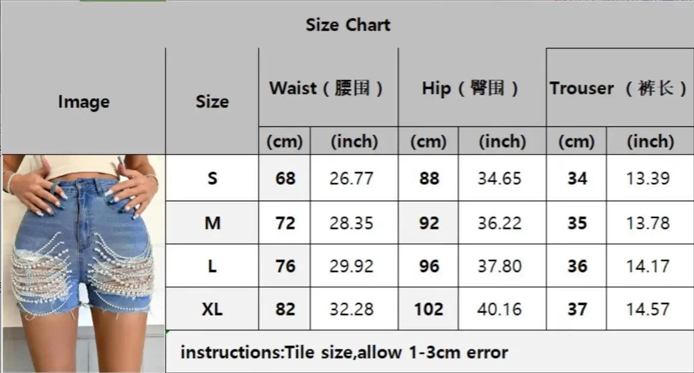 Denim Shorts Women Hole Jeans Ripped Pearl Chain Pockets Sexy Mom Vintgae Party Short Pants High Waist Denims Streetwear 2025 Aviola