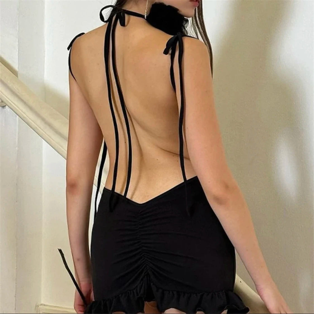 2024 European and American New High end Y2K Sexy Open Back Lace up Slim Fit Spicy Girl Short Skirt Aviola