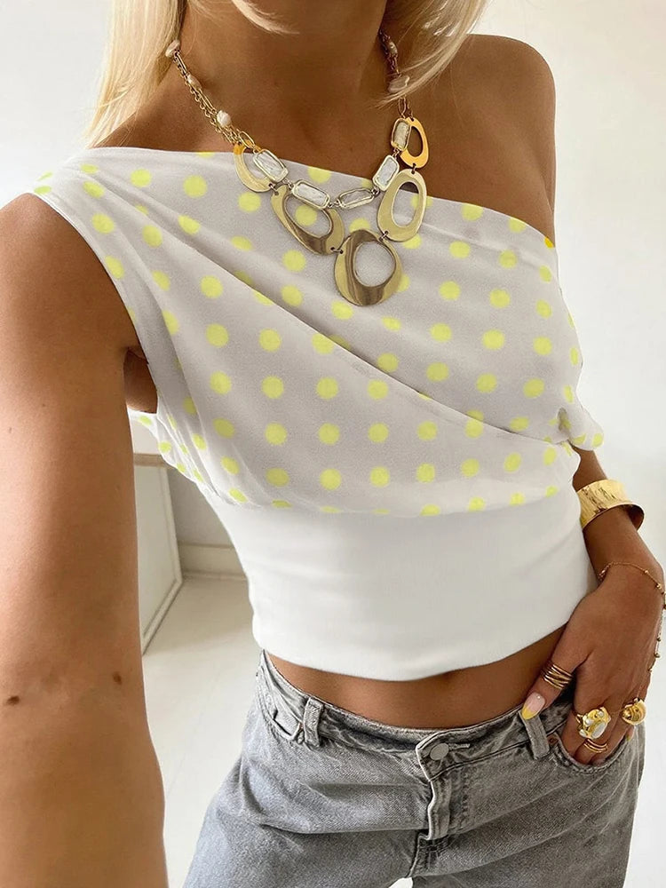 Nibber Daily Skew Collar Off Shoulder T-Shirt Women Polka Dots Print Summer Trend Backless Street Fashion Trend Ruched Crop Tops Aviola