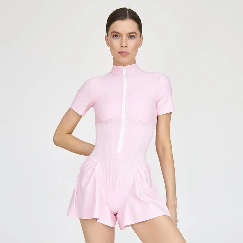Sexy Tight Skirt jumpsuit Spring/Summer New Women's Round Neck Short Sleeve Zipper Bottom Shirt Aviola