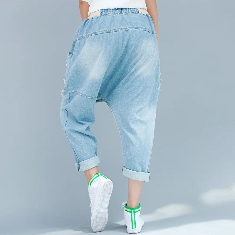 Denim Pant Women Jeans Harem Pants Slim High Waist Straight Mom Jeans Trousers Hole Y2k Streetwear Elegant Splice Casual Loose Aviola