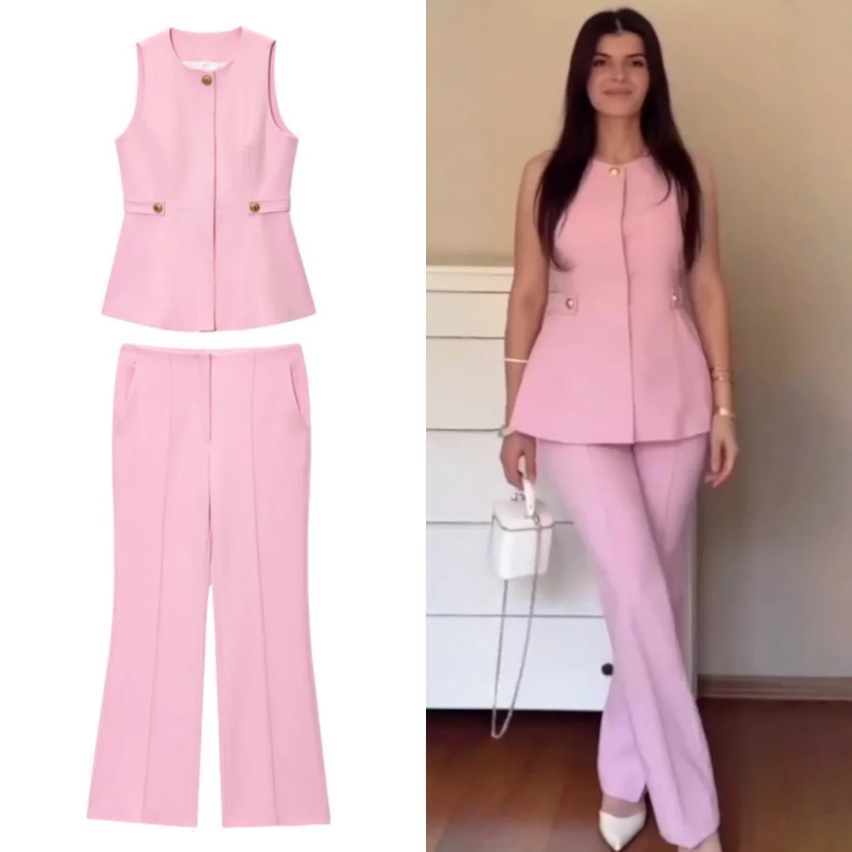 Elegant High Waist Slim Flared Pants Set with round Neck Sleeveless Vest Top And Short Skirt Hem for Women Aviola