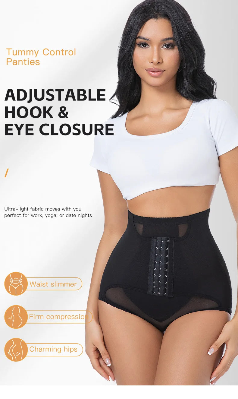 Women’s Waist Control Shapewear Panty with 3-Row Hooks Double Tummy Compression Mesh Butt Lifter High Waist Slimming Body Shaper Aviola