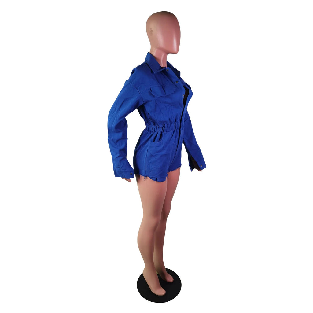 Streetwear Pockets Jeans Jumpsuit Denim Playsuit Women Shorts Turn Down Collar Single Breasted Long Sleeve Rompers Autumn Aviola