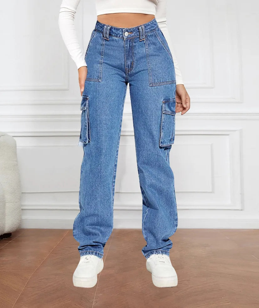Denim Pant Women Mom Jeans Long Pants Mid Waist Straight Trousers Y2k Streetwear Elegant Splice Slim Fit Work Pocket Casual Aviola