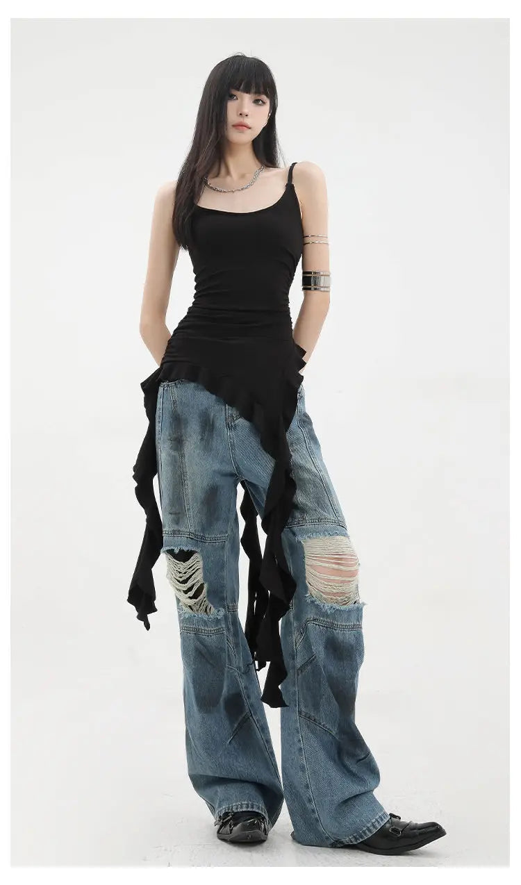 MEXZT Y2K Irregular Black Tank Top Women Grunge Aesthetic Sexy Backless Camis Gyaru Streetwear Korean Tees Summer Design Tanks Aviola