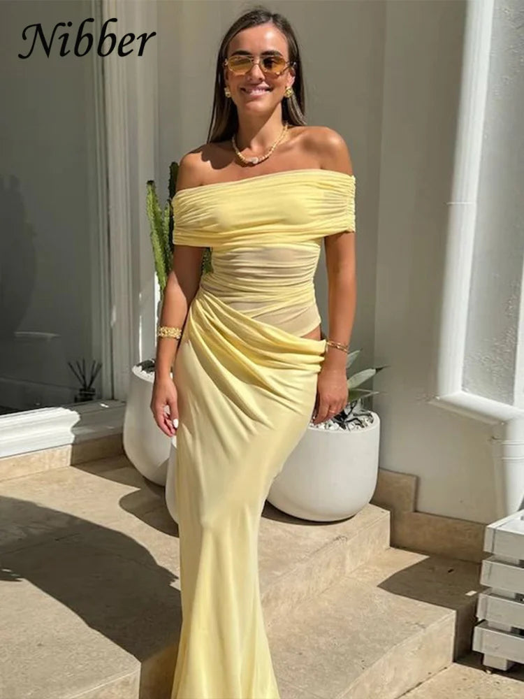 Nibber Ruched Irregular Dress Women Mesh Patchwork Slash Neck Short Sleeve Skinny Stretch Trend Elegant Long Bodycon Outfits Aviola