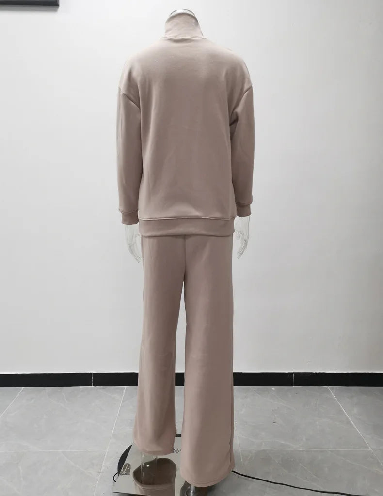Women Tracksuit Two Pieces Set Long Sleeve Turtleneck Pullover Solid Color Hoodies Wide Leg Pants Drawstring Autumn Casual 2023 Aviola