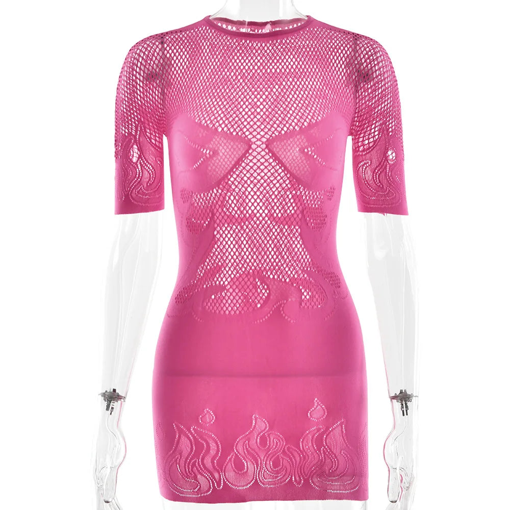 Nibber Hottie Sexy See Through Dress Women Flame Patchwork Print o-Neck Short Sleeve Skinny Peach Hip Street Hipster Outfits Aviola